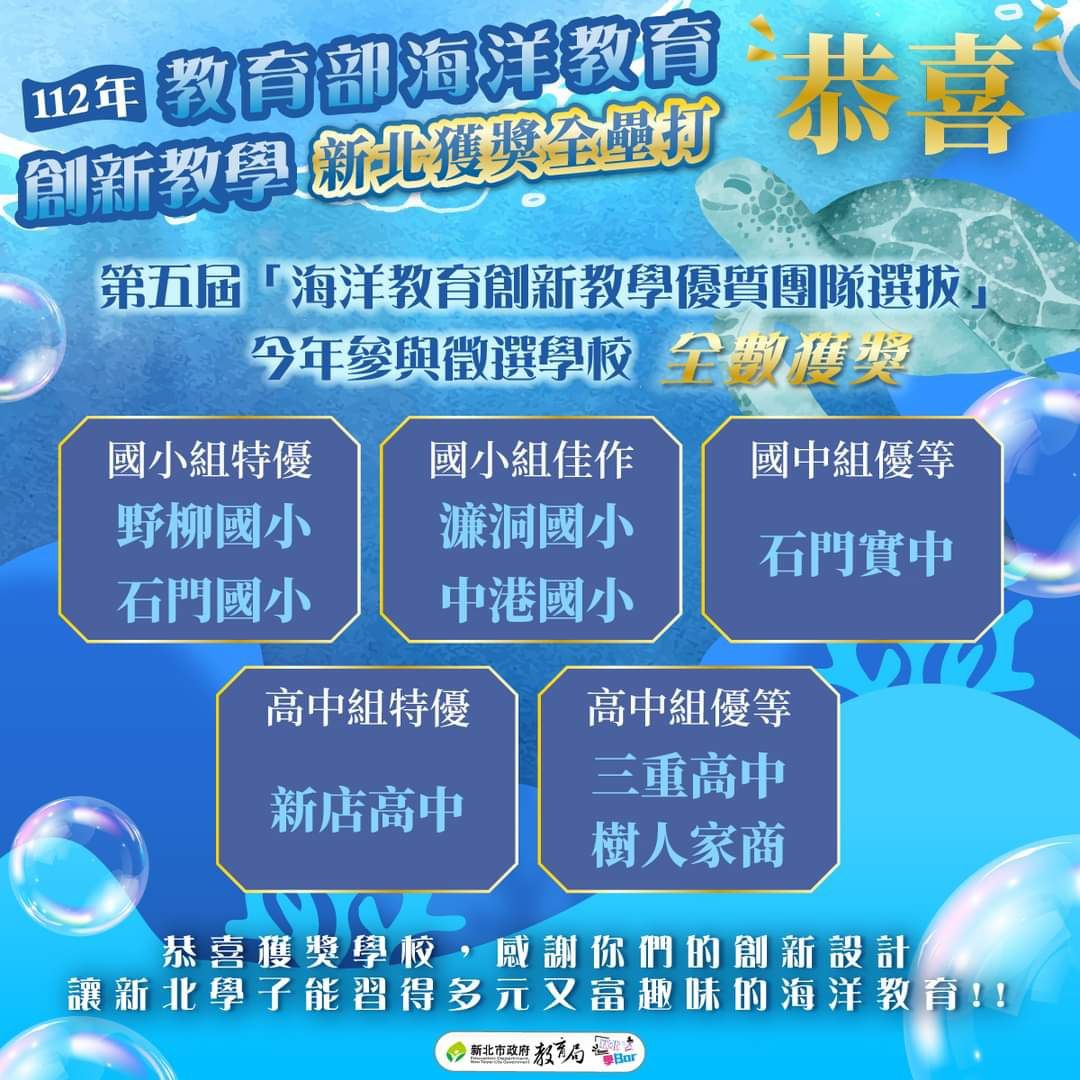 第五屆「海洋教育創新教學優質團隊選拔」|新北今年參與徵選學校 全數獲獎!!!