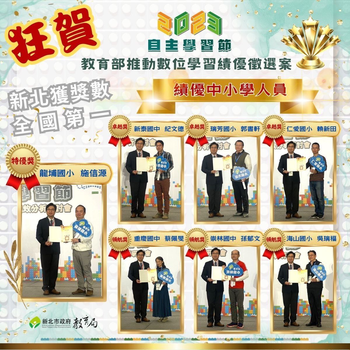 2023自主學習節 教育部推動數位學習績優徵選案 新北績優中小學人員(112.12.07)
