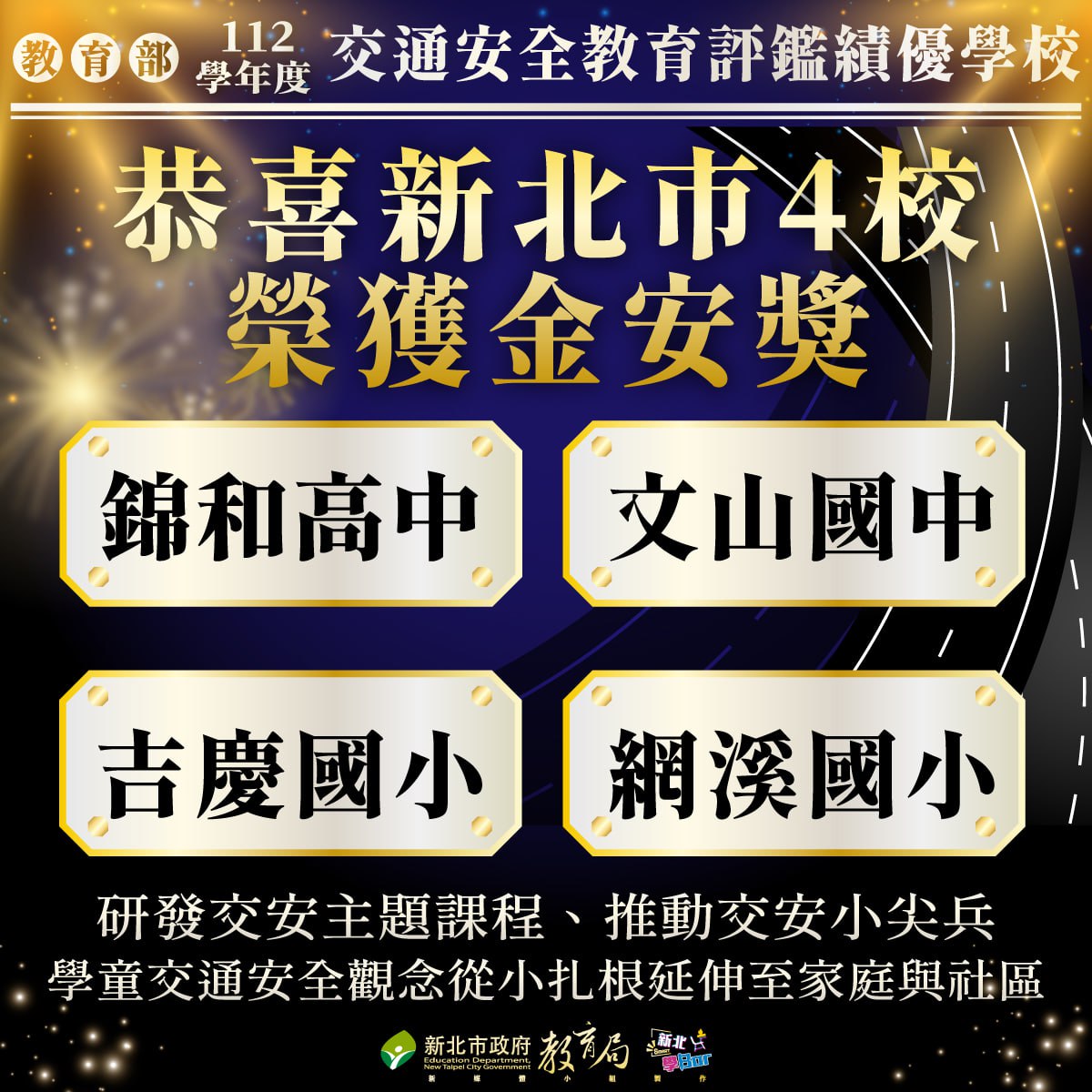教育部112學年度交通安全教育評鑑績優學校 新北4校榮獲金安獎
