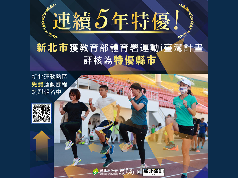 新北市或教育部體育署運動i臺灣計畫，|評核為特優縣市，也是連續5年特優！