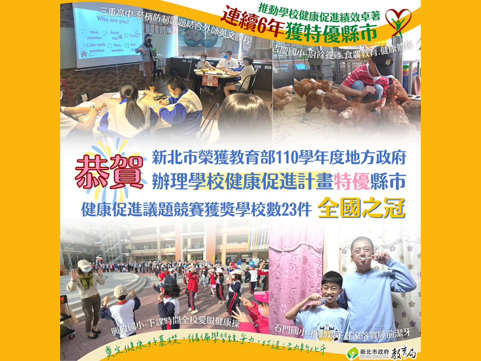 新北市榮獲教育部111學年度地方政府辦理學校健康促進計畫特優縣市|連續六年特優績效卓著