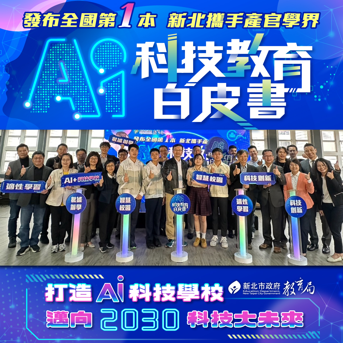 四大面向打造AI+科技學校|▶智慧校園 ▶數據辦學|▶適性學習 ▶科技創新