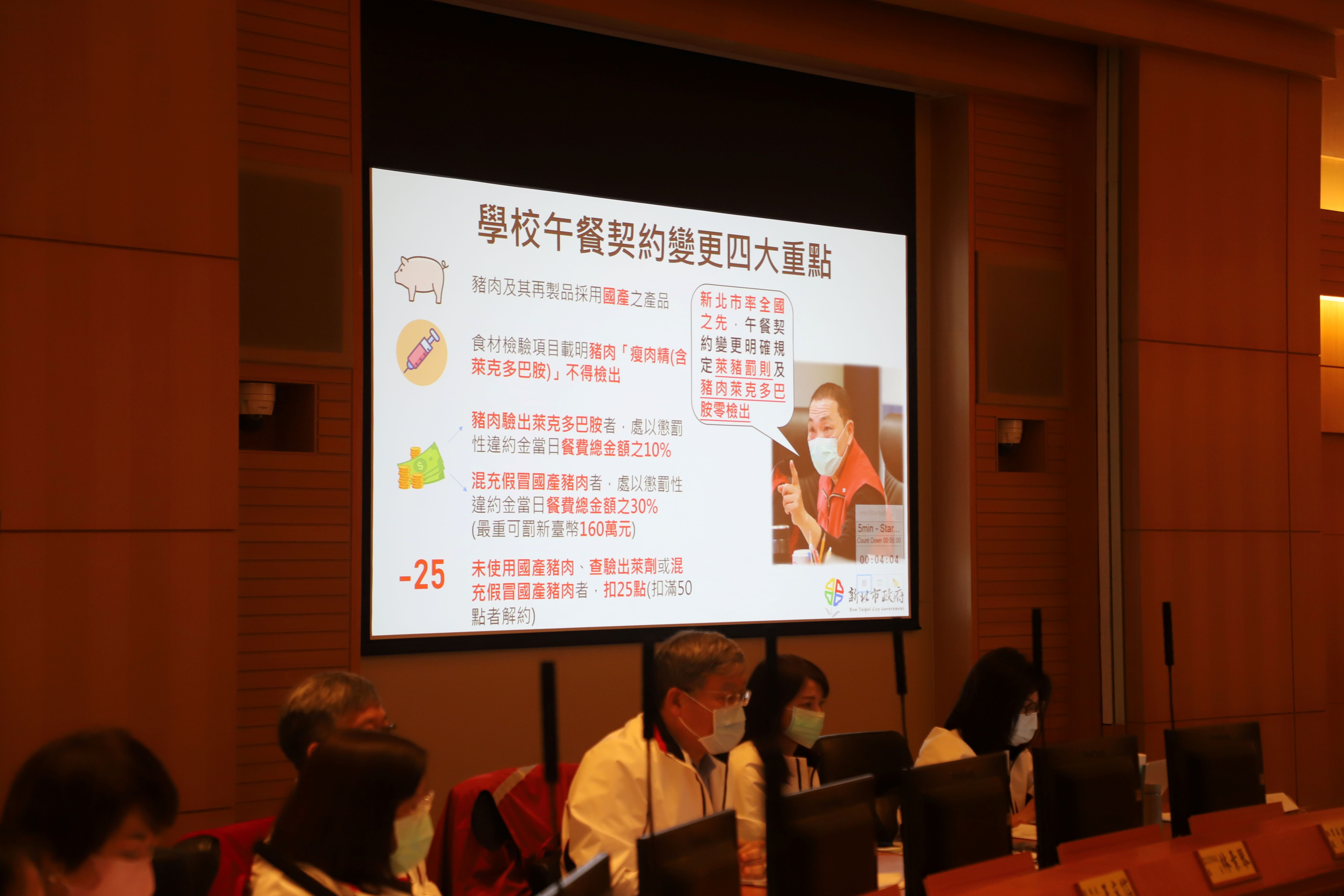 新北市率全國之先將豬肉萊克多巴胺「零檢出」納入學校午餐契約，並明訂相關細節及罰則