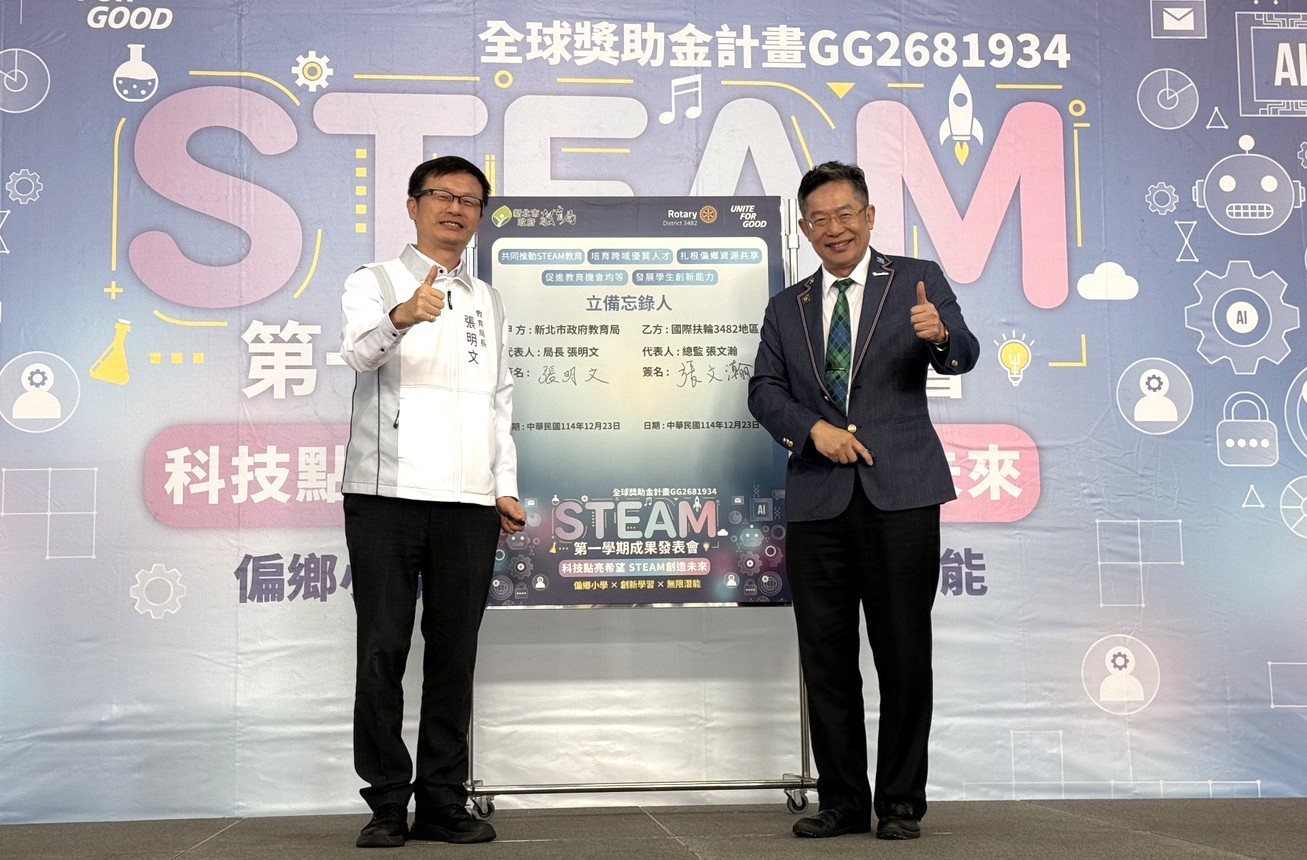 張明文局長及扶輪社3482地區總監張文瀚，114年12月23日於台北市立大安高工共同簽署合作備忘錄